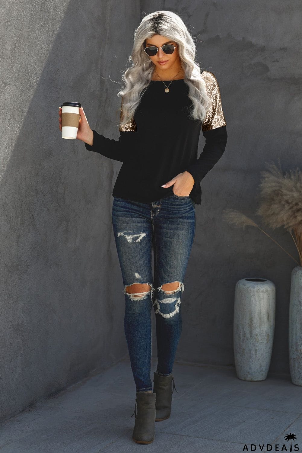 Sequin Shoulder Long Sleeve Top