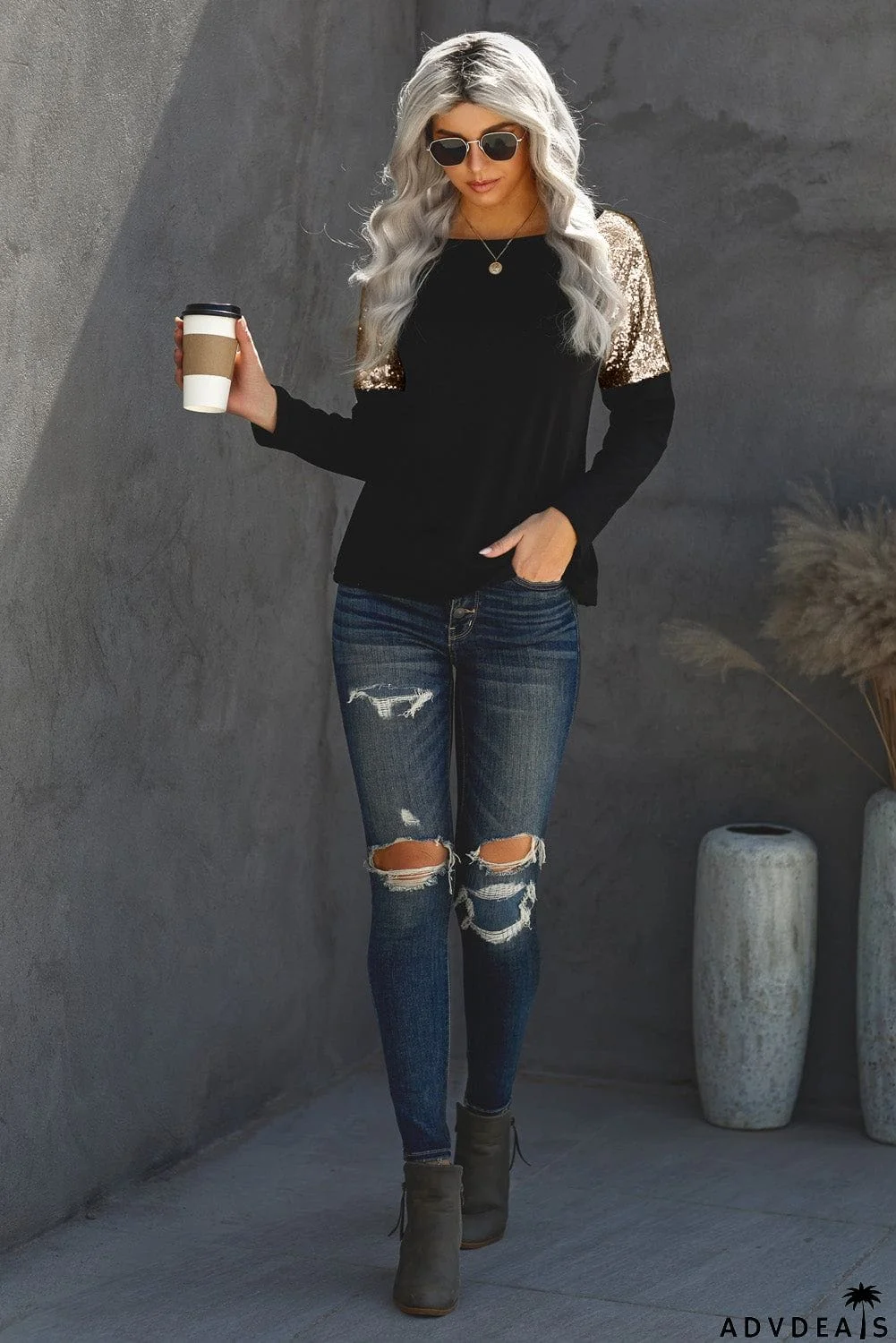 Sequin Shoulder Long Sleeve Top