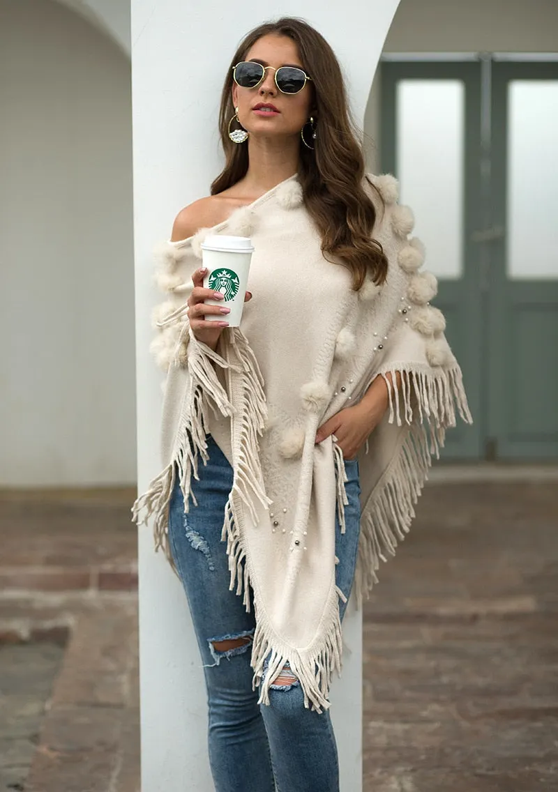Fitshinling Fringe Hairball Bohemian Cloak Cape Oversized Sweater Female Knitwear Winter Clothing Irregular Poncho Women 2020