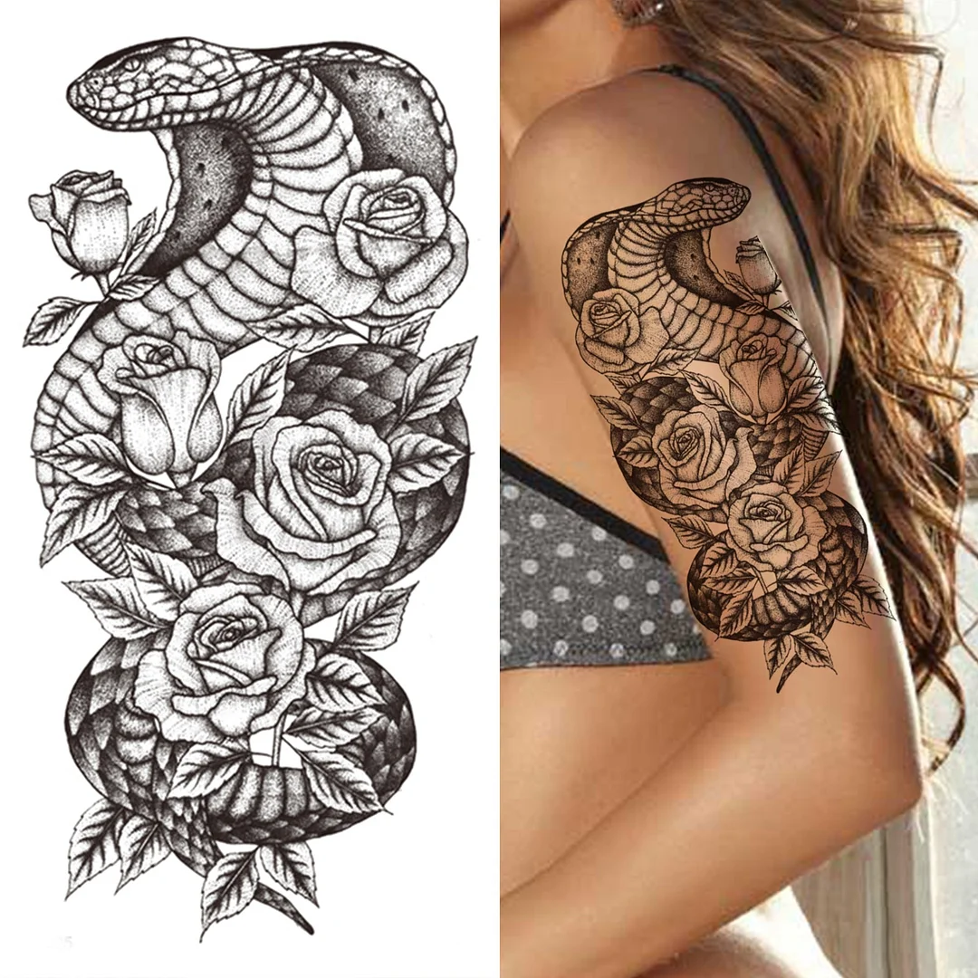 Compass Half Sleeve Temporary Tattoos For Women Men Adult Black Cross Tattoo Sticker Realistic Fake Lion Tatoo Bird Clock Flower