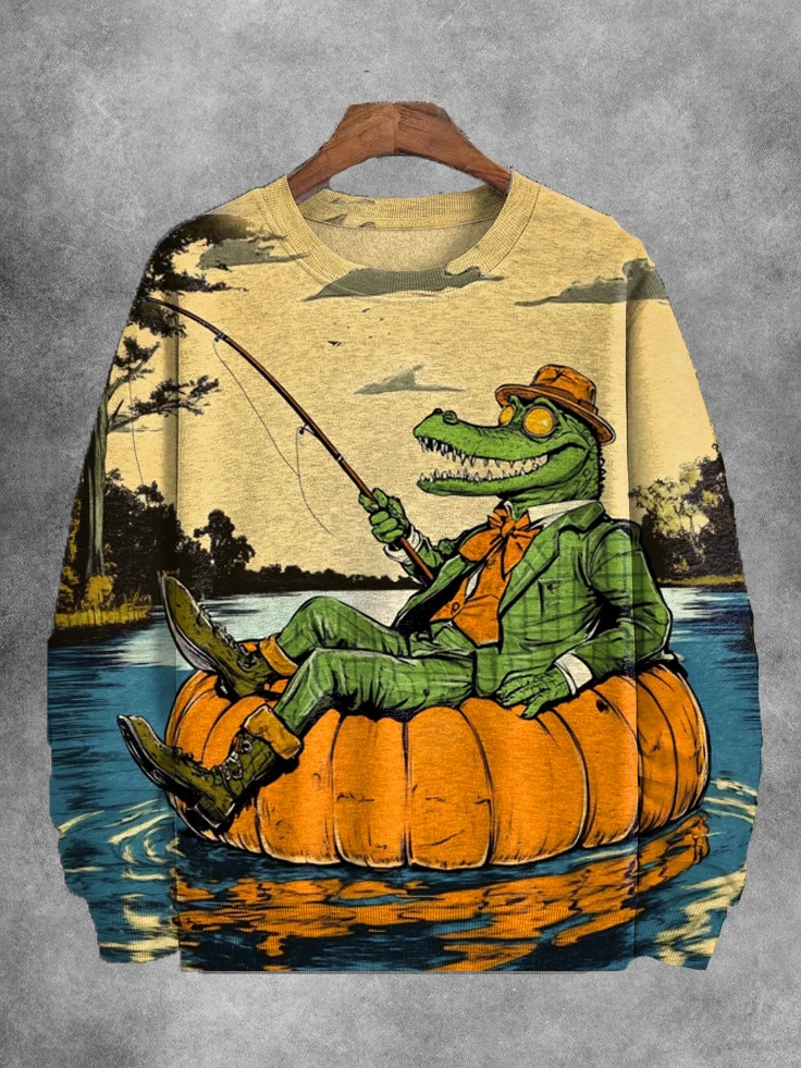 Men's Funny Art Outdoor Crocodile Fishing Print Casual Sweatshirt