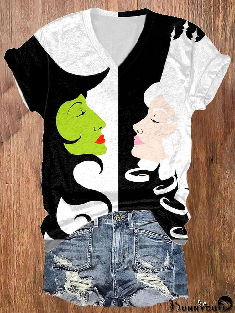 Vintage Halloween Witch Print V Neck T-Shirt