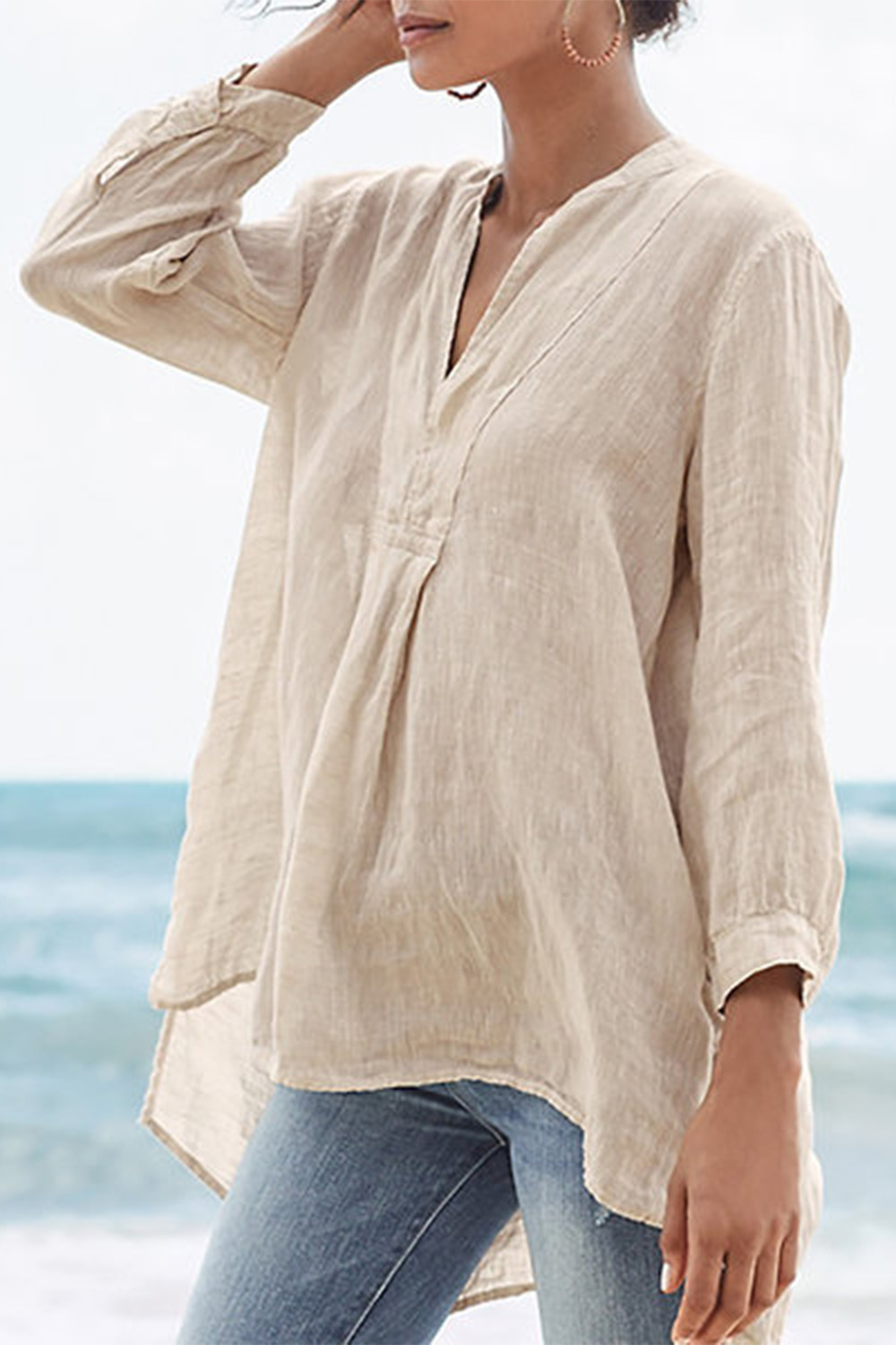 Plus Size Everyday Beige Long Sleeve High Low Hem Blouse 2024 - Flycurvy 