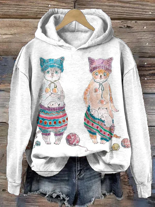 Women's Cats In Sweater Yarn Ball Graphic Print Hooded Sweatshirt