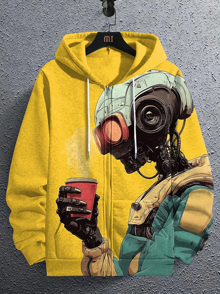 Men's Science Fiction Robot Drinking Coffee Print Hooded Zip Up Jacket
