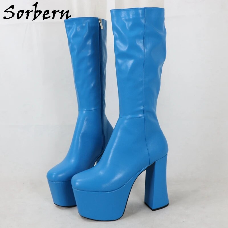 VCSHOES Blue Matte Knee High Boots Women Block High Heel Thick Platform Shoes Unisex Style Custom Wide Or Slim Fit Legs