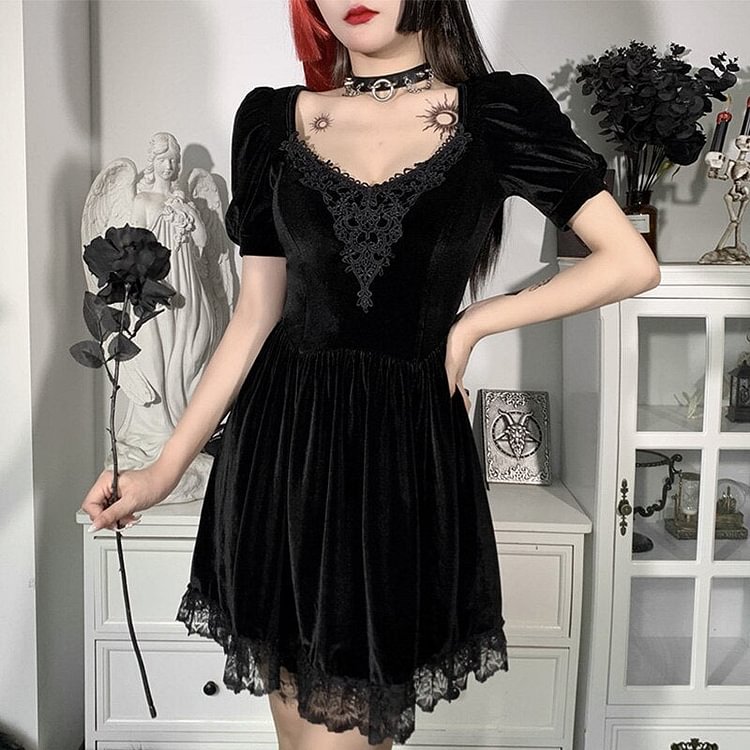 GOTHIC VELVET LACE BLACK MINI DRESS