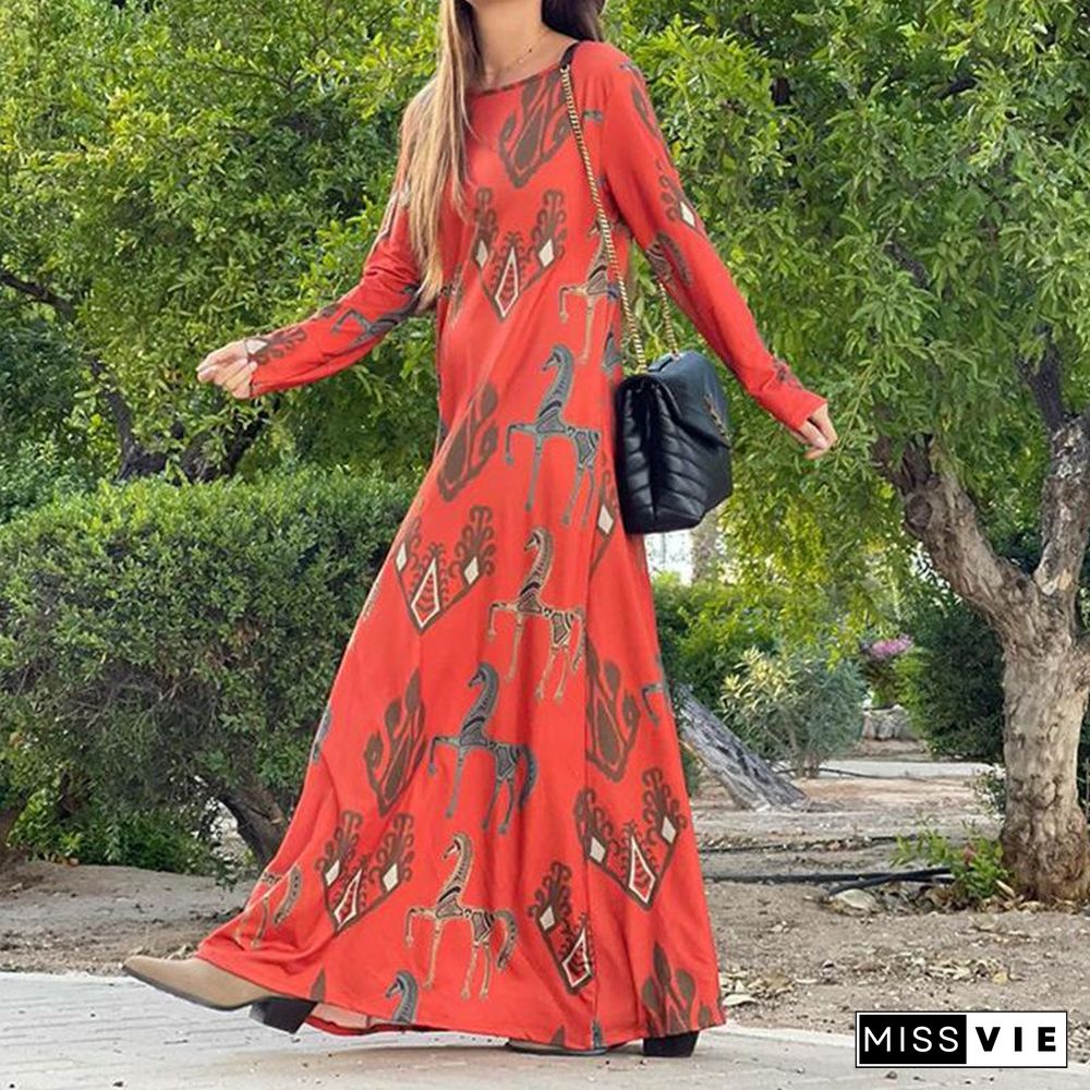 Simple Round Neck Printed Yellow Dress