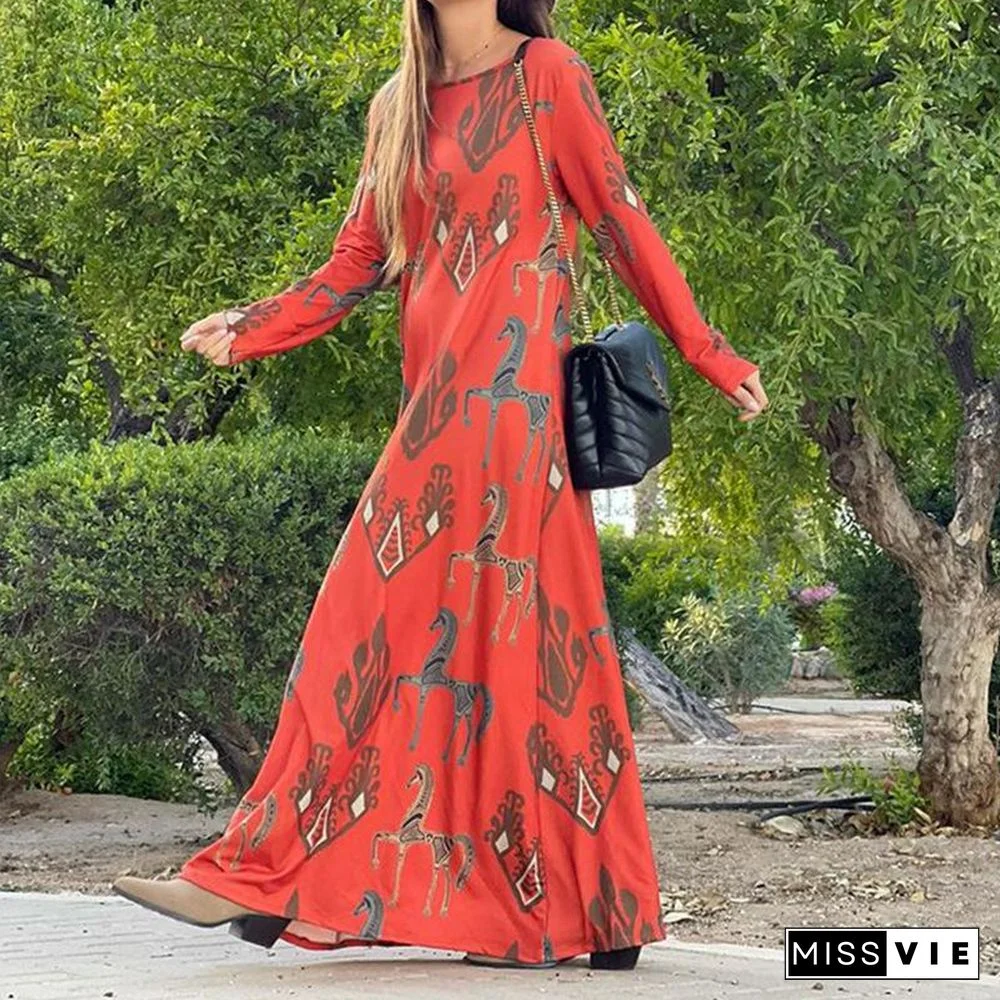 Simple Round Neck Printed Yellow Dress