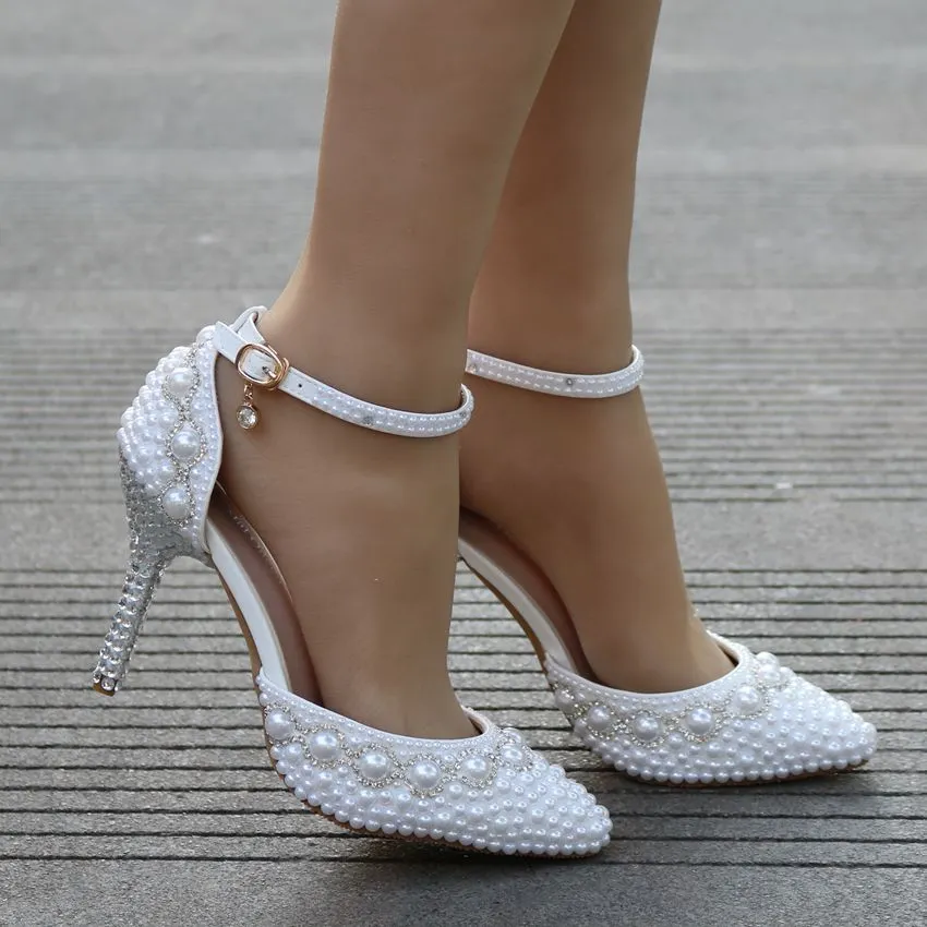 Breakj Breakj High-Heeled Sandals With Beaded Bracelets With Water Drill Sandals White Real Wedding Shoes