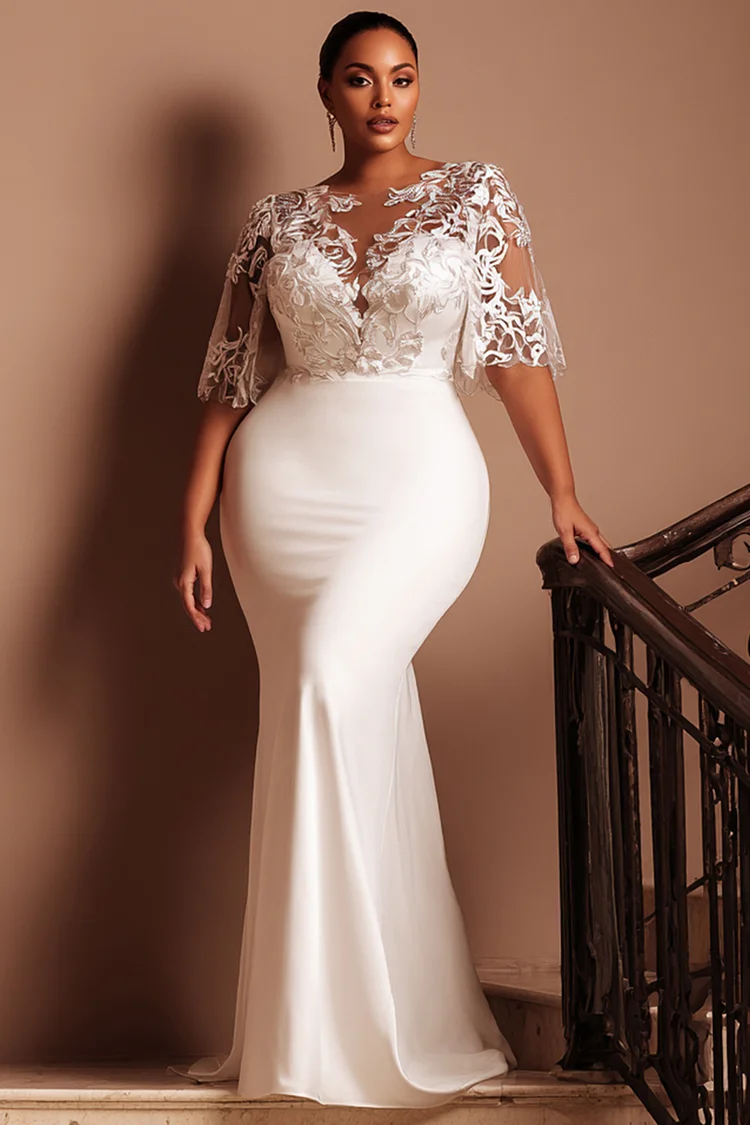 Xpluswear Design Plus Size Wedding Lace White Round Neck Short Sleeve Mermaid See Through Satin Maxi Dresses [Pre-Order] 2024 - Xpluswear