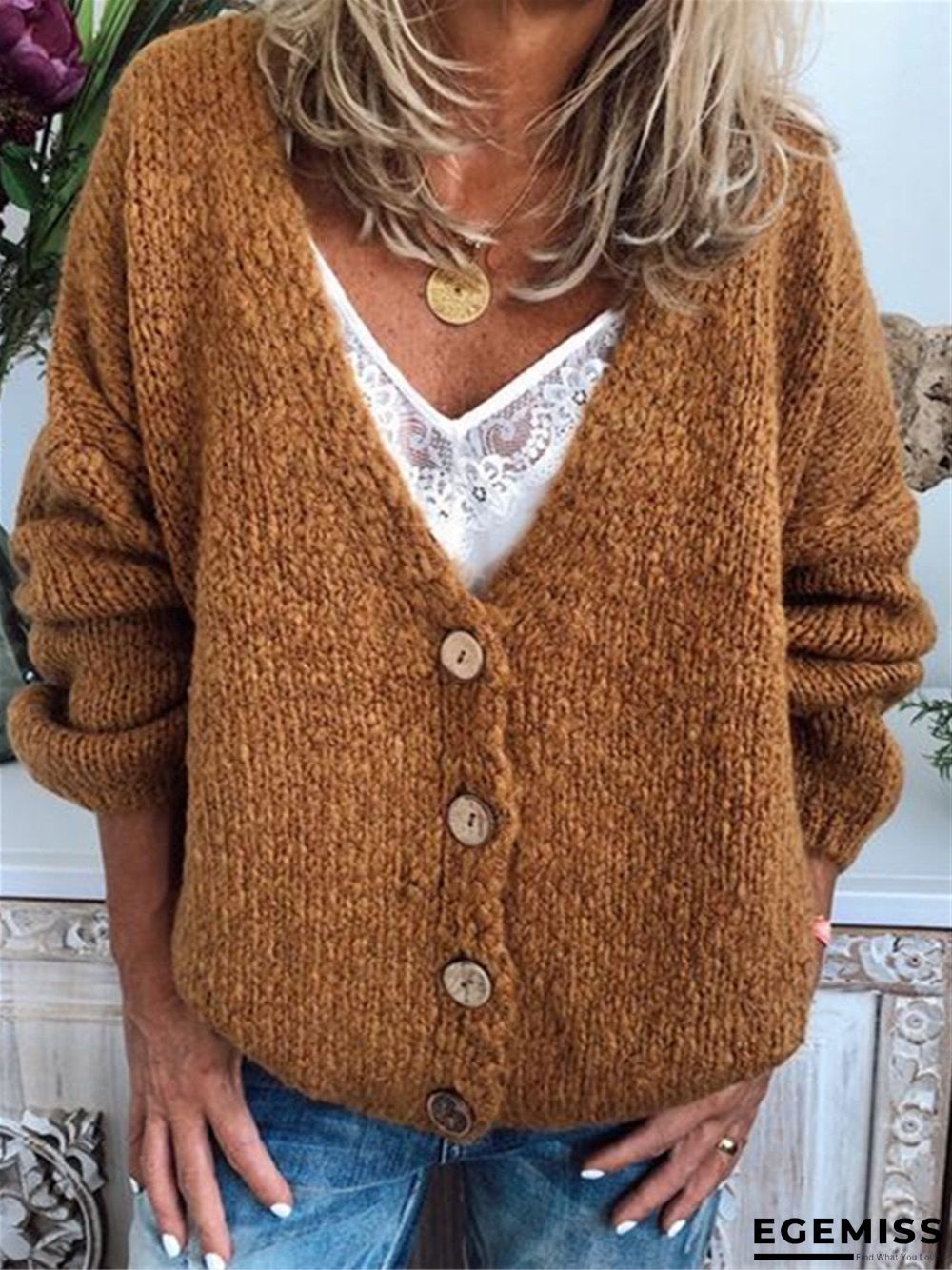 Casual Cotton-Blend V Neck Cardigan-Outerwear | EGEMISS