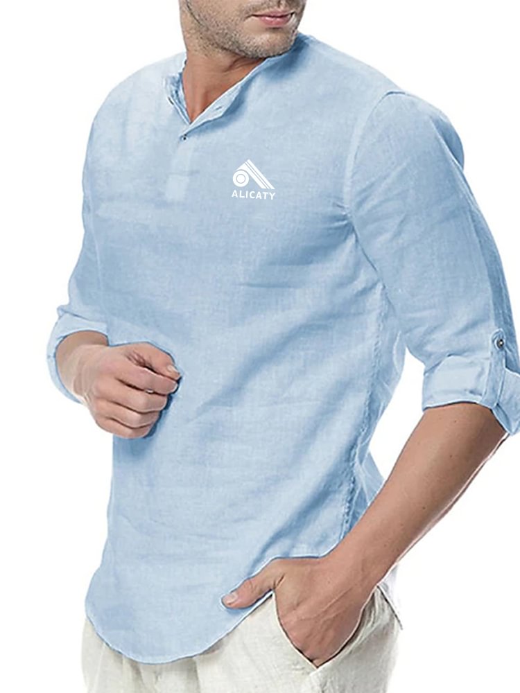 Men's logo embroidered cotton linen long sleeved shirt