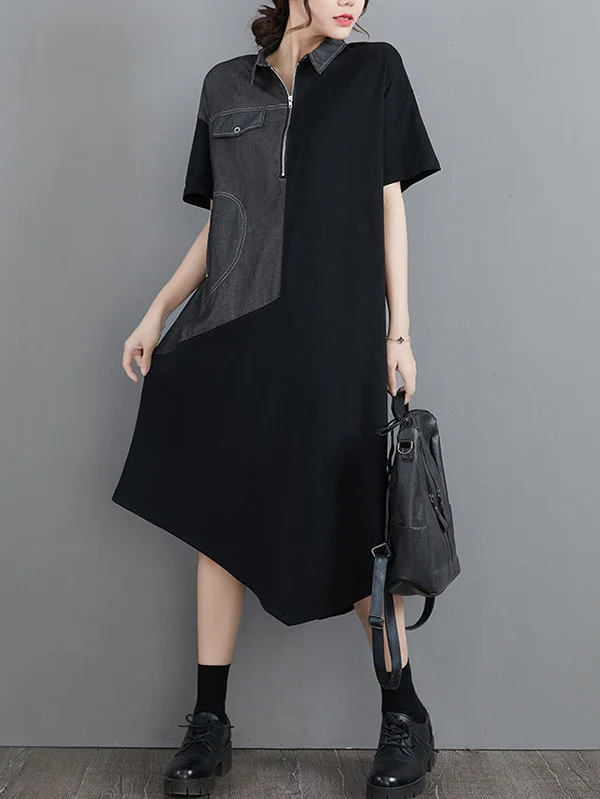 Casual Irregular Split-Joint Half Sleeves Lapel Collar Midi Shirt Dress