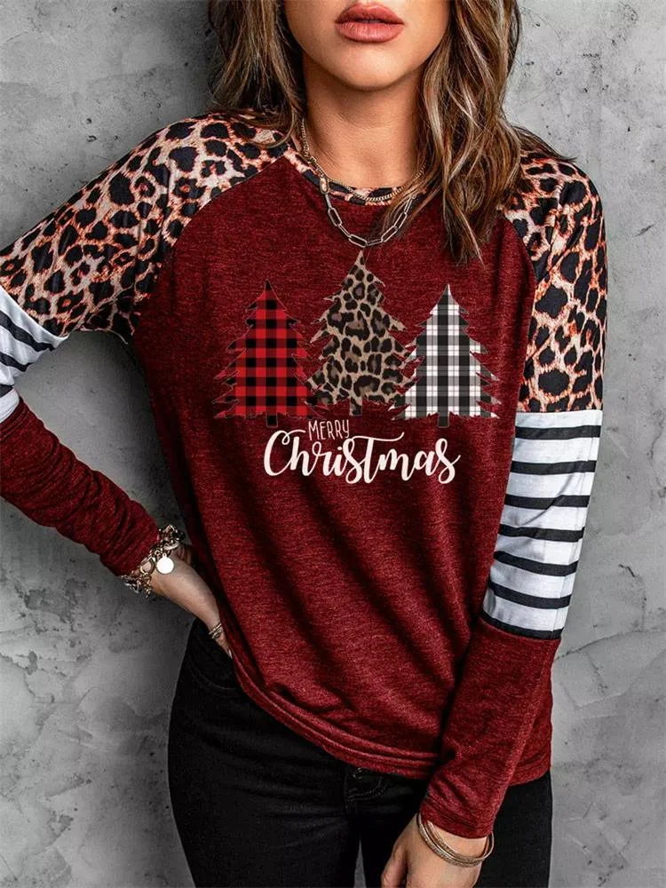 Merry Christmas Plaid Leopard Striped T-Shirt