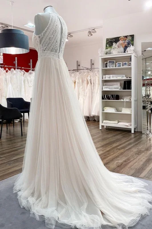 Miabel Vintage Long Halter Backless A-line Wedding Dresses With Tulle Lace
