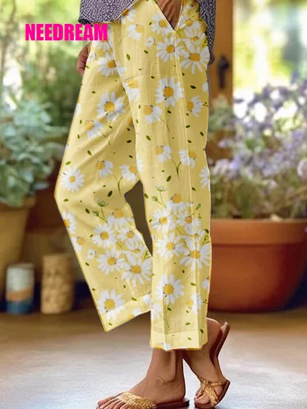Womens Little Daisy Pattern Loose Casual Pants (With Pockets)