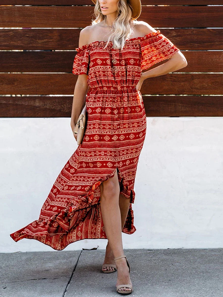 Ethic Off Shoulder High-low Floral Maxi Dress