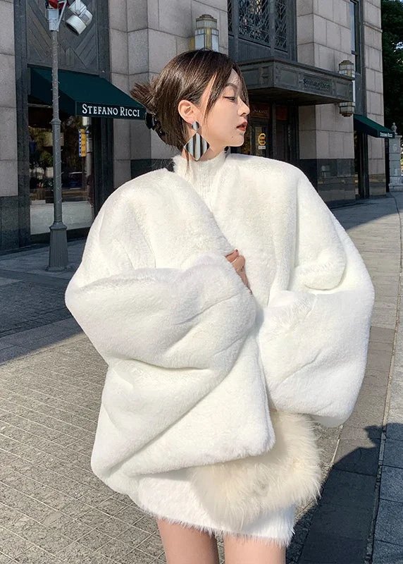 New White Solid V Neck Fuzzy Fur Fluffy Coats Long Sleeve