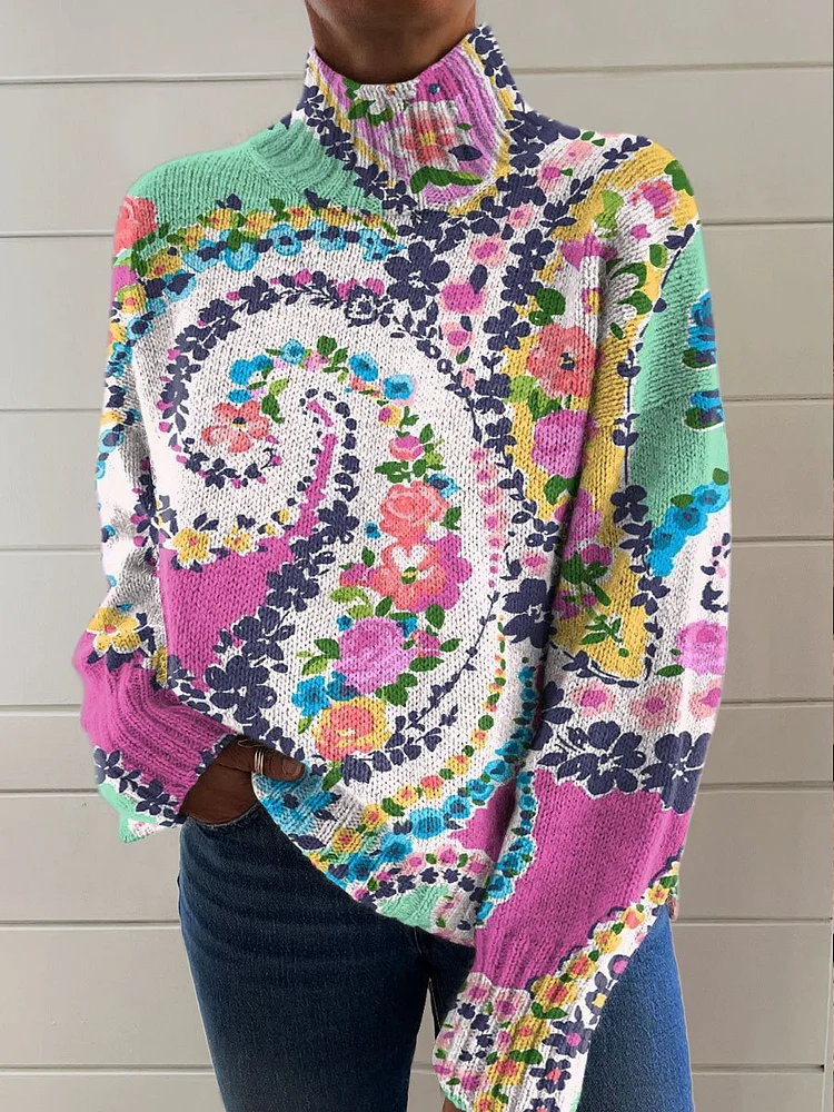 Paisley Floral Art Print Knit Turtleneck Pullover Sweater