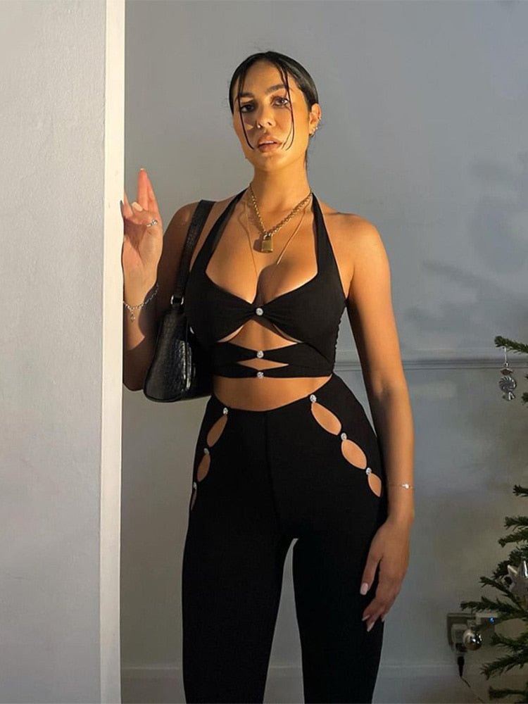 Hawthaw Women Hollow Out Black Crop Tank Tops High Waist Long Pants Two Piece Set Suit Outfit 2022 Summer Clothes Wholesale Item