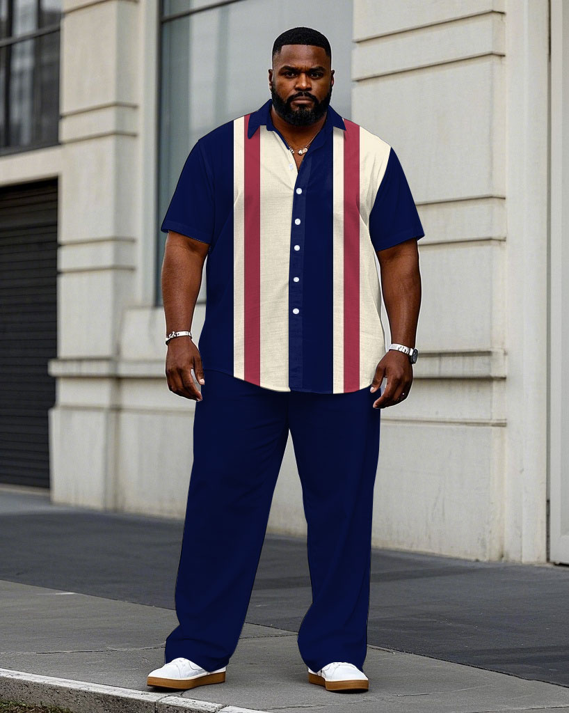 Men's Plus Size Business Sapphire Blue & Red Classic Color Stitching Short Sleeve Shirt Trousers Suit