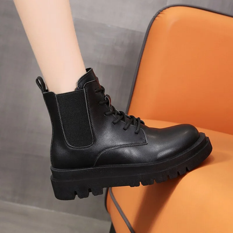 Breakj Platform Chunky Chelsea Boots Women Autumn Winter PU Leather Woman Shoes Lace Up Combat Botas Thick Heels Ankle Booties