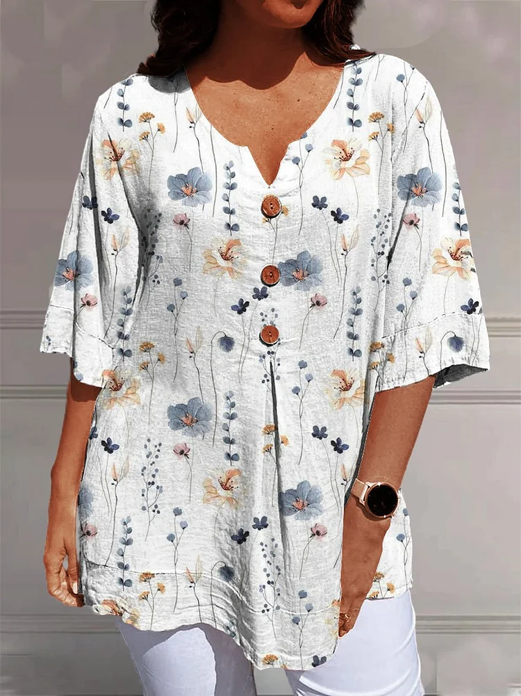 Women's Wild Flower Art Print Casual Cotton And Linen V-neck Shirt socialshop