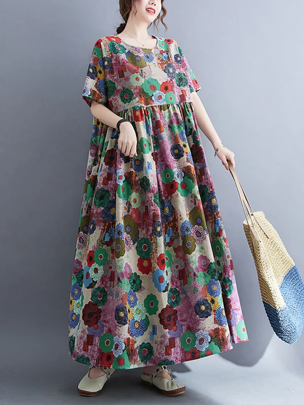 Vintage Loose Floral Printed Midi Dress with Multicolored Charm