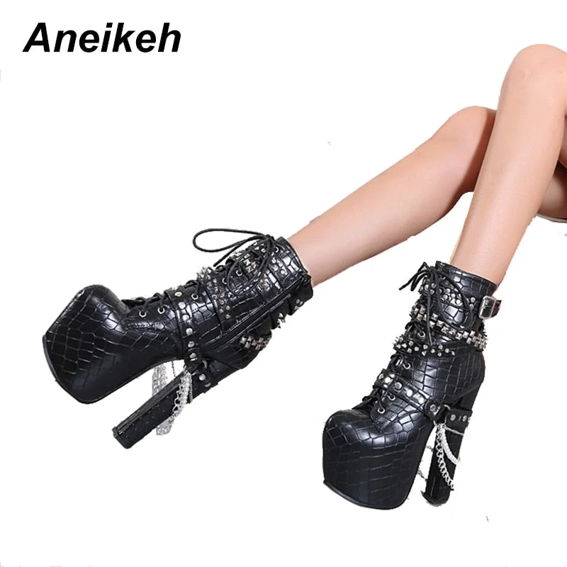 Aneikeh Zip Metal Chains Rivet Motorcycle Boots Women Shoes Super High Heels Platform Ankle Boots Punk Rock Gothic Biker Boots