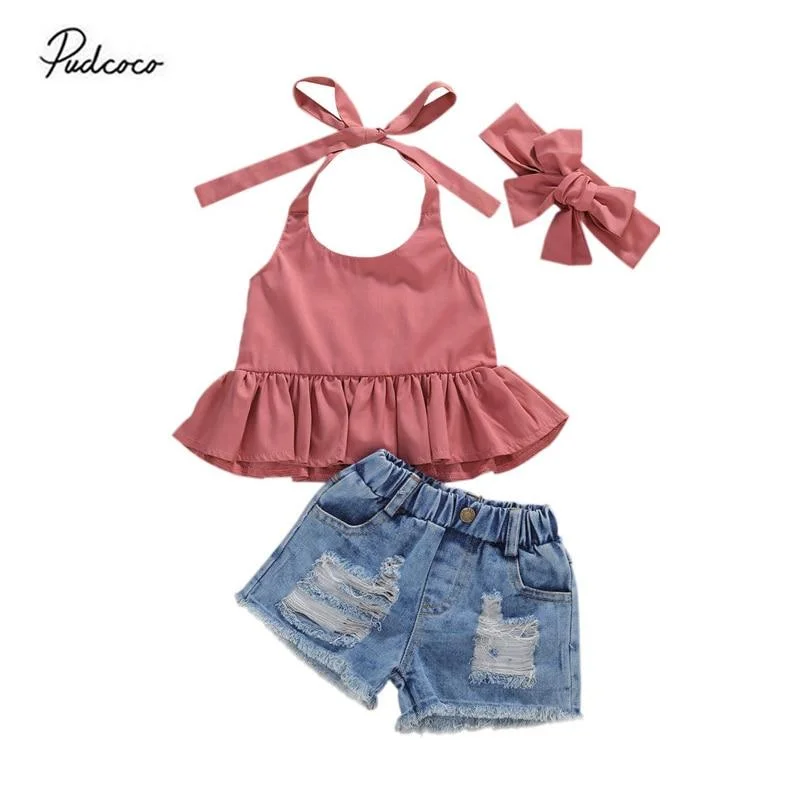 Kids Baby Girls Fashion 3-piece Outfit Set Solid Color Halter Top+Denim Shorts+Headband Set