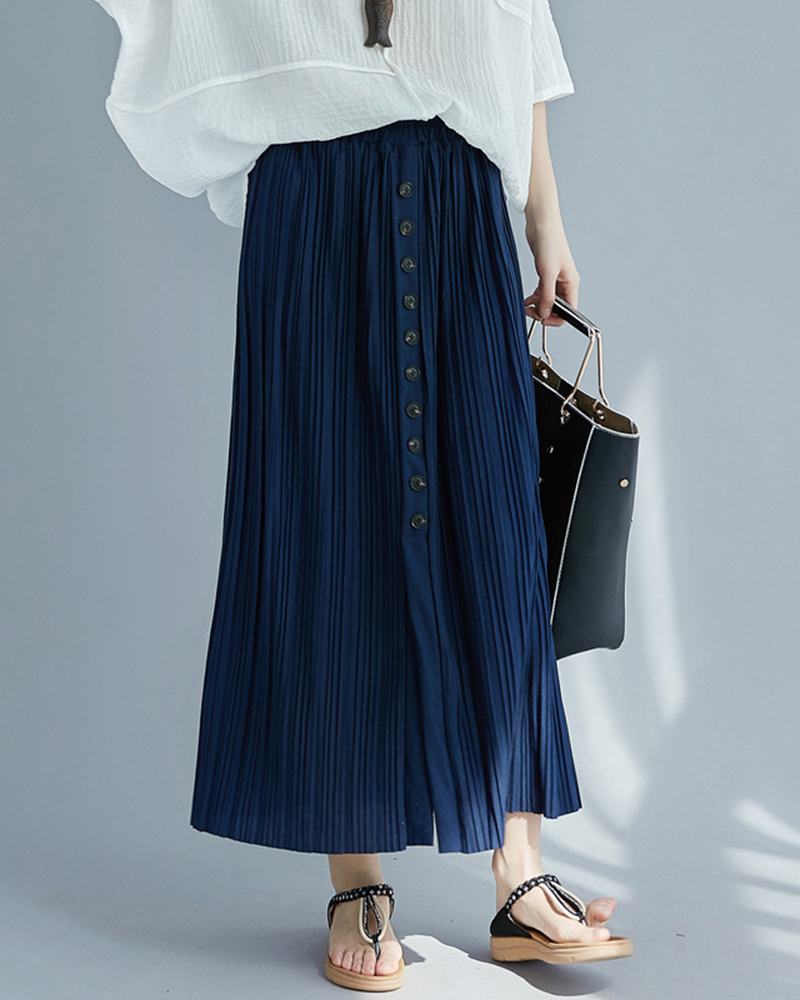 Row Of Buttons Pleated Solid Color Midi Skirt