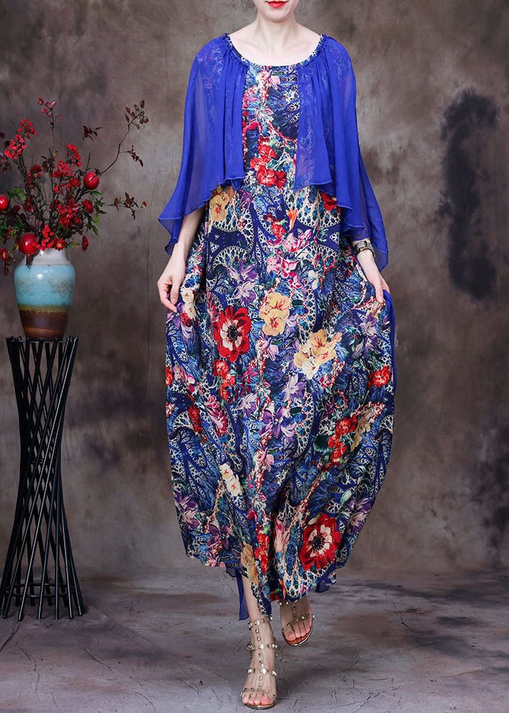Simple Blue O-Neck Patchwork Print Silk Vacation Dresses Cloak Sleeves