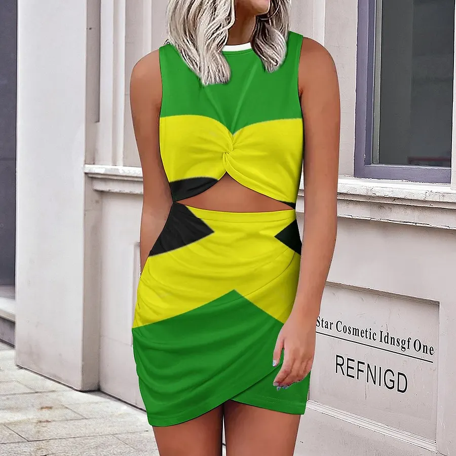 jamaican bodycon dress Jamaican Colors Women's Sexy Cutout Twist Front Bodycon Dress Sleeveless  Slim Fit Wrap Hem Mini Tank Dress
