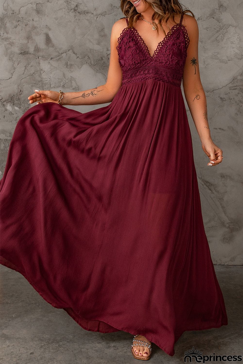 Lace Crochet Bow Knot Backless High Waist Maxi Dress