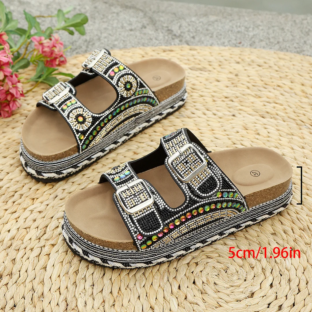 Breakj Breakj New Thick Bottom Rope Double Buckle Drill Softwood Beach Slippers Large Size Women's Shoes