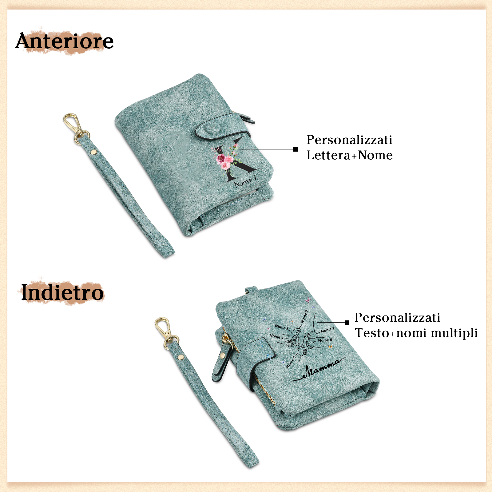 Portafoglio mano nella mano in PU pelle con 7 nomi & 1 testo & 1 lettera personalizzati per mamma