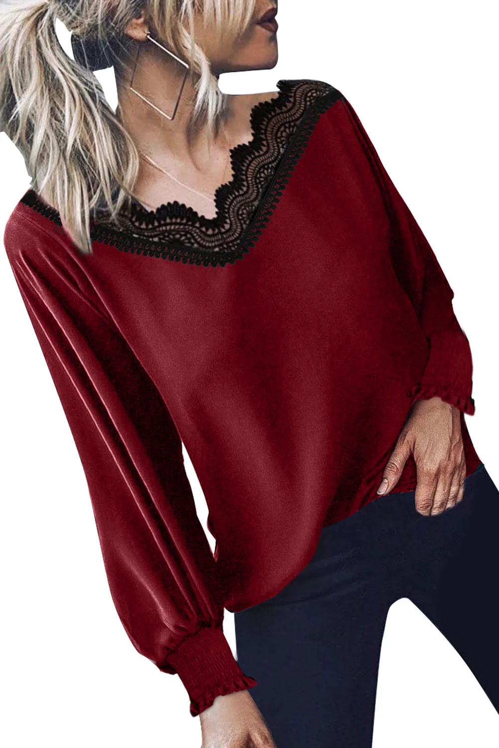 V Neck Lace Patchwork Red Blouse