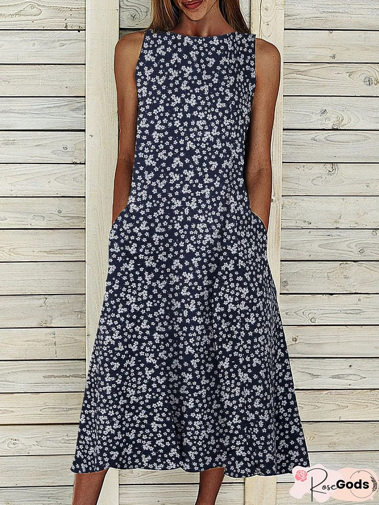 Women Floral Pockets Maxi Dress Crew Neck Sleeveless Dress