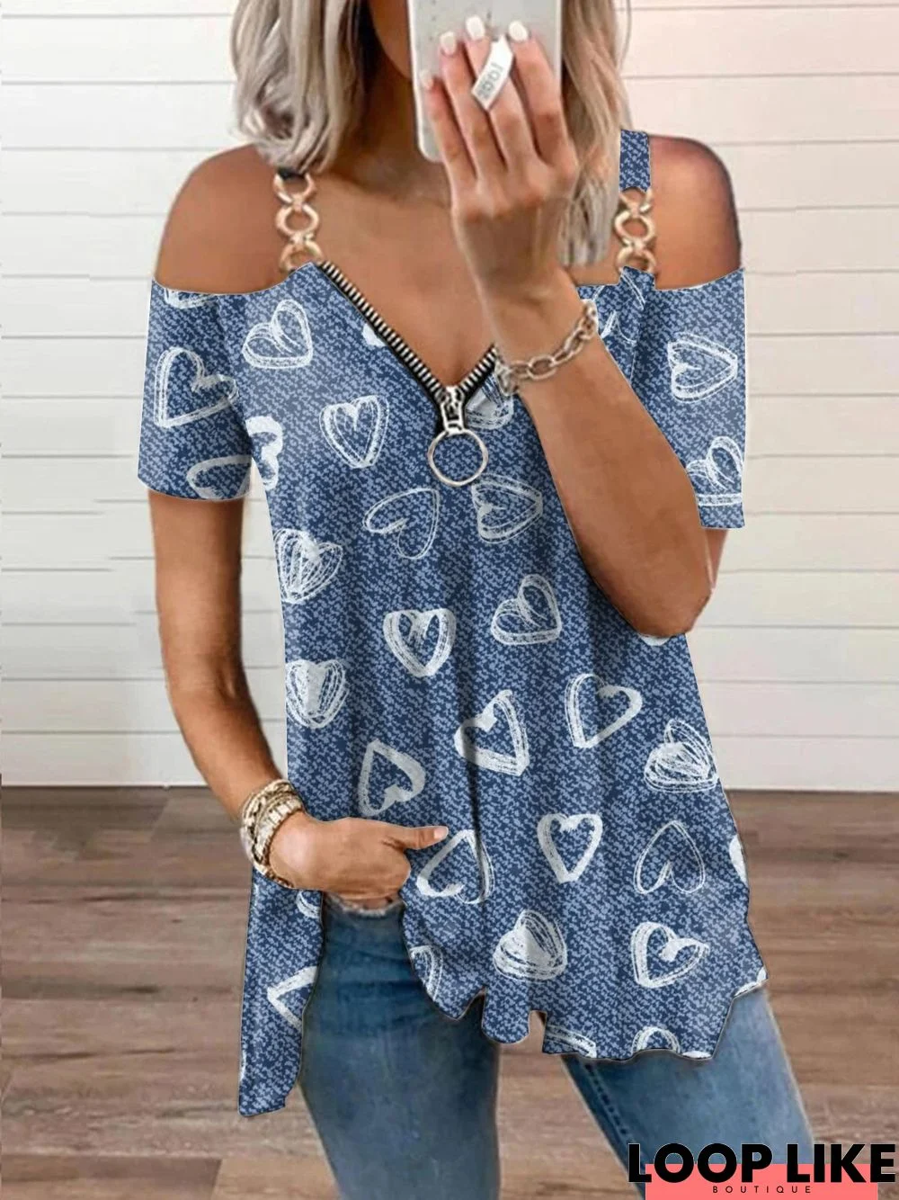 V Neck Heart Regular Fit Short Sleeve Top