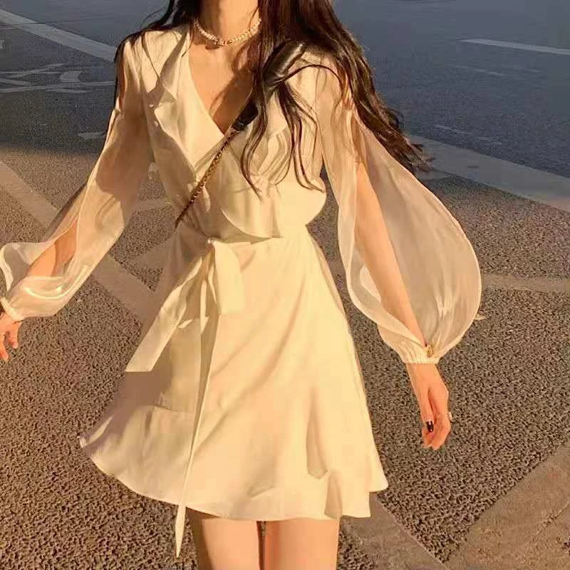 Summer Woman Dress Patchwork Gauze Long Sleeve V-neck Robe Vestido Femme Off Shoulder Ruffles A-line Off Shoulder Chic Dresses