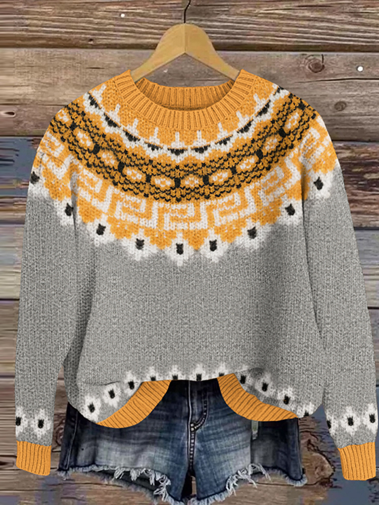 Comstylish Retro Ethnic Style Floral Knitted Embroidered Warm Sweater