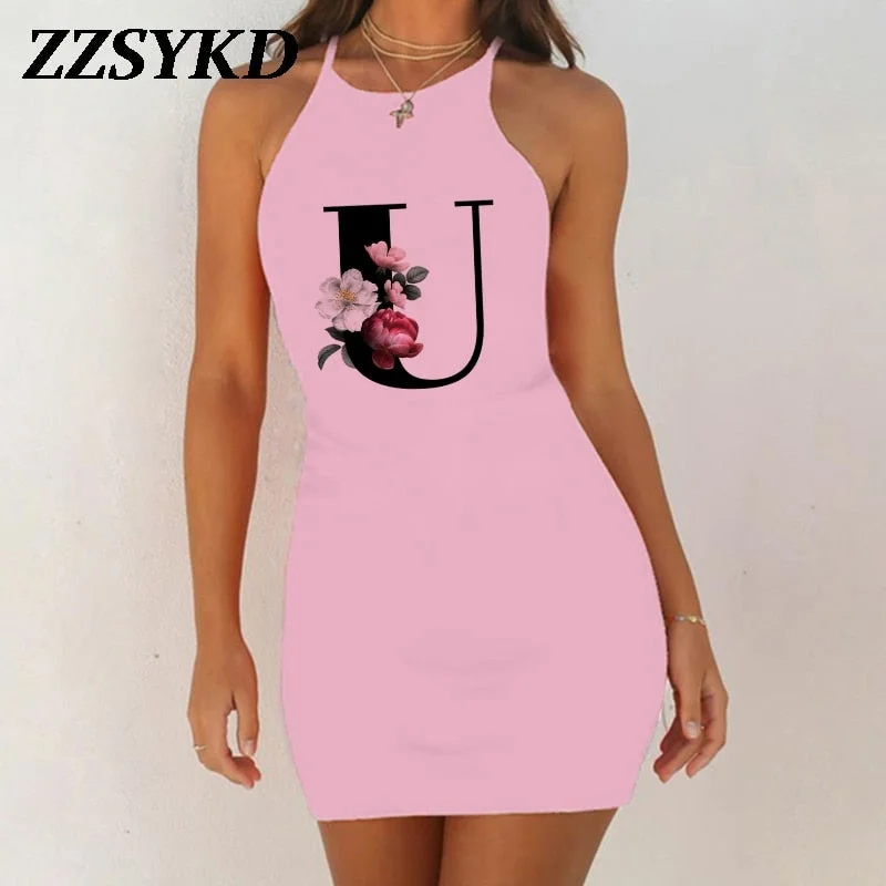 26 English Alphabet Print Summer Sexy Clothes Women Dresses 2020 Plus Size Dress Bodycon Evening Party O-Neck Pink Mini Vestidos