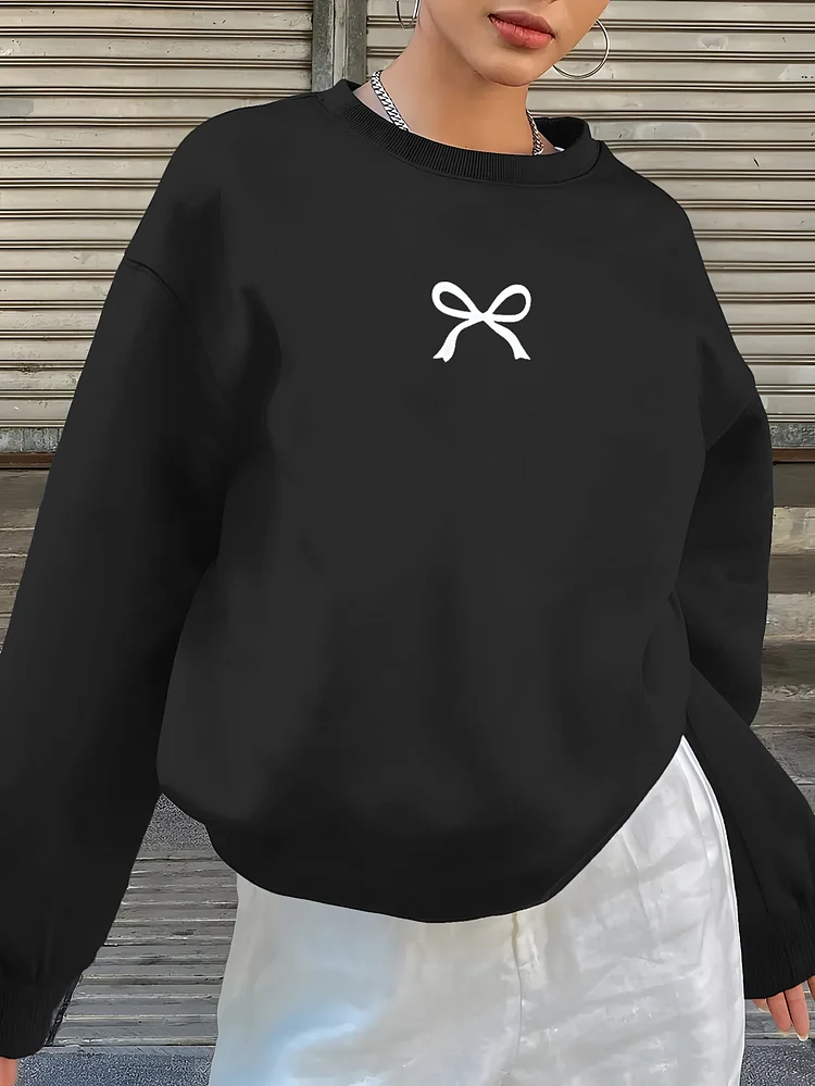 Mei Ling Orientation Women's Black Casual Sweatshirt With White Bow Print - Soft Round Neck Pullover, Machine Washable All-Season Top For Casual Attire, Versatile Pullover, Minimalist Design, Quality Stitching, Print Sweater, Fashion Lover