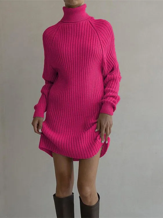 Uveng Uveng Turtleneck Dress Women's Leisurely Loose Thick Pit Strip Solid-Colored Bag-Up 2023 Autumn And Winter Knitted Dress