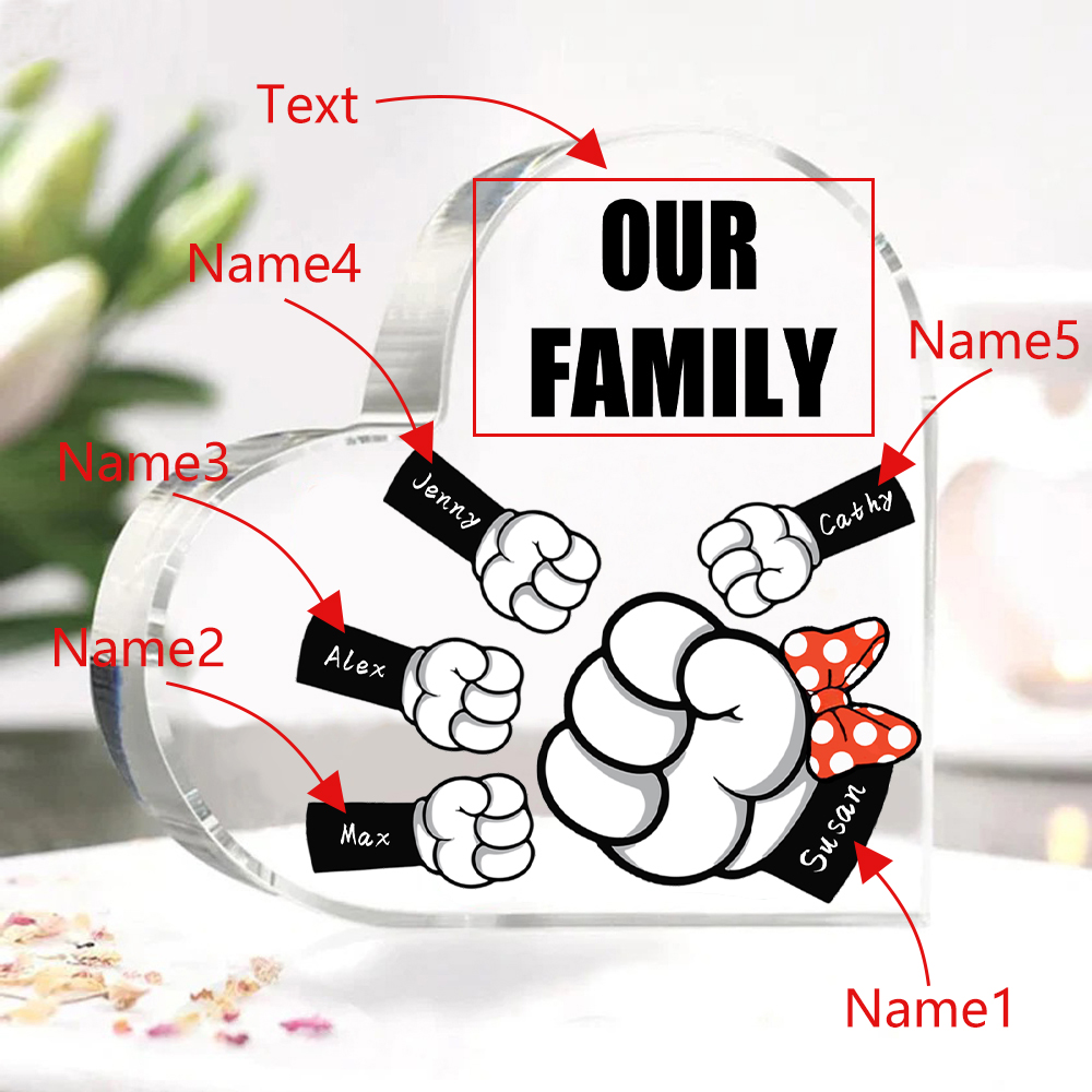 À ma Maman/Mamie - Plaque Acrylique en Forme de Cœur 5 Prénoms Personnalisés avec 1 Texte