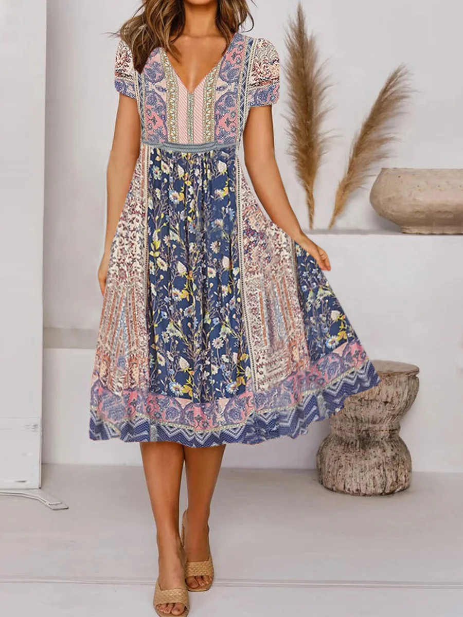 Fashionable V-Neck Stitching Short-Sleeved Dress