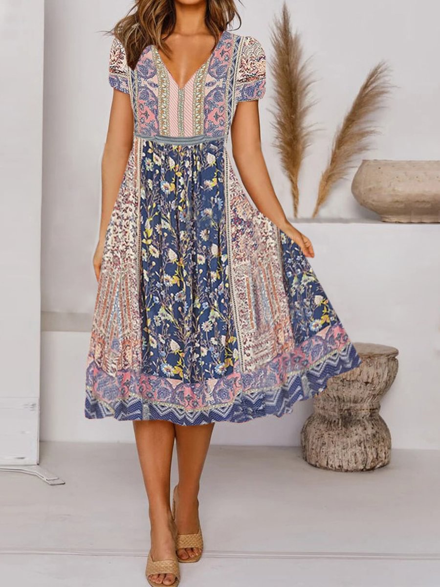Fashionable V-Neck Stitching Short-Sleeved Dress