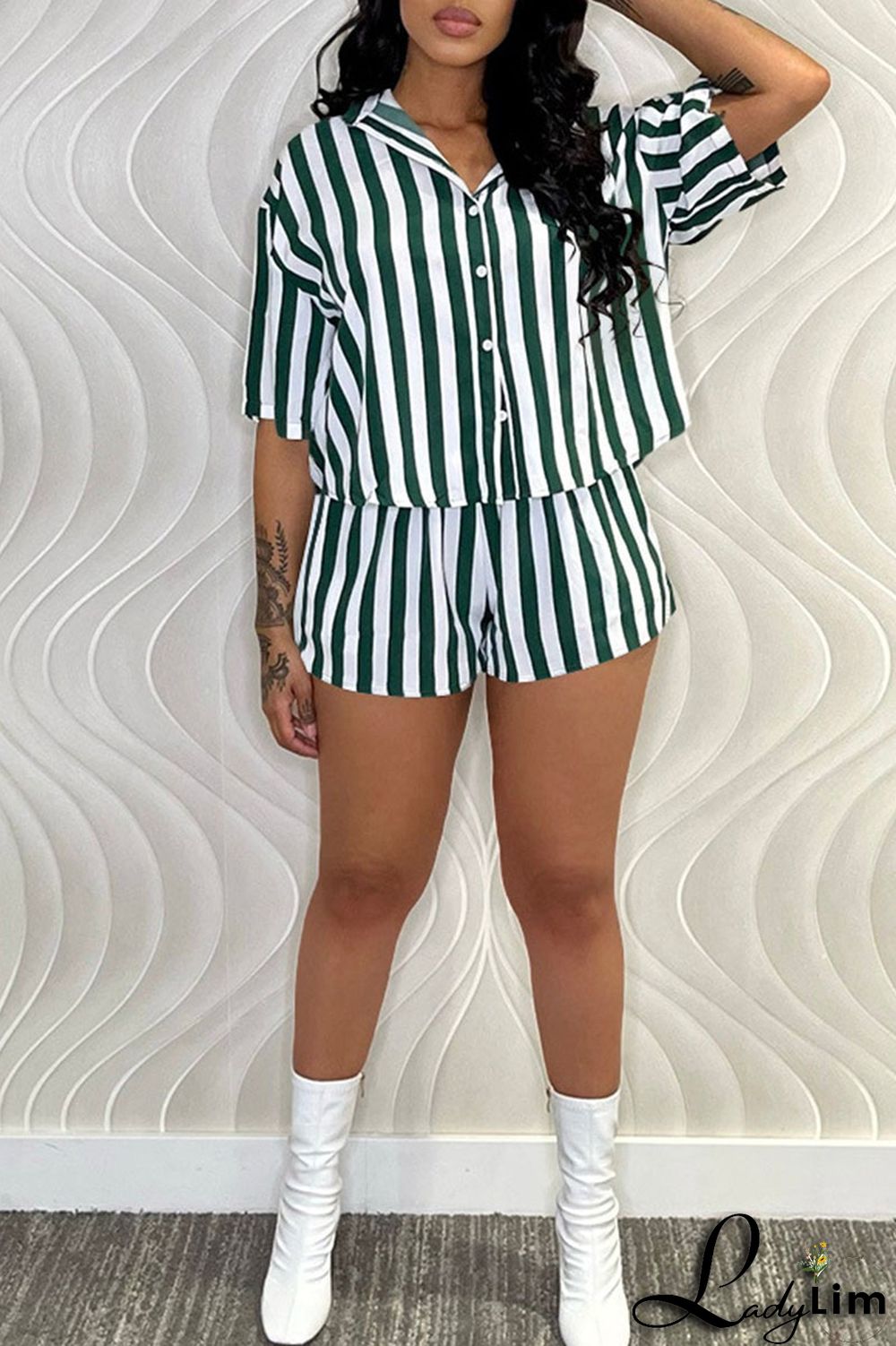 Green Casual Striped Print Patchwork Buckle Turndown Collar Short Sleeve Two Pieces