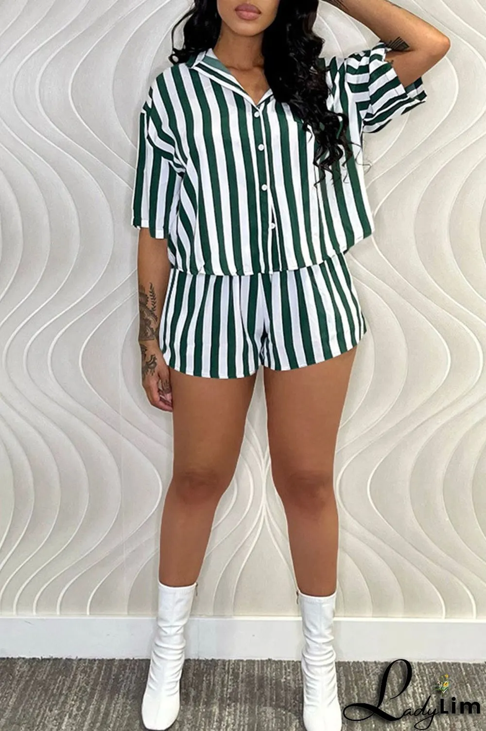 Green Casual Striped Print Patchwork Buckle Turndown Collar Short Sleeve Two Pieces